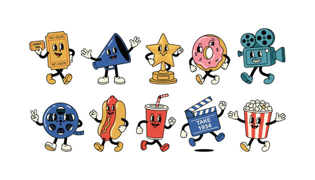 Retro cinema movie cartoon character vector set with vintage popcorn hotdog soda ticket and film elements on white background