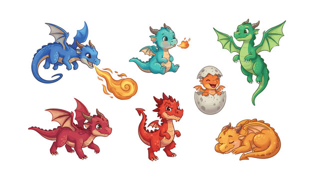 Set of cute baby dragons breathing fire flying hatching from egg and sleeping cartoon vector illustration collection