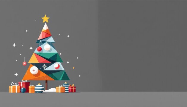 Minimalist geometric christmas tree with colorful ornaments and gifts on gray background