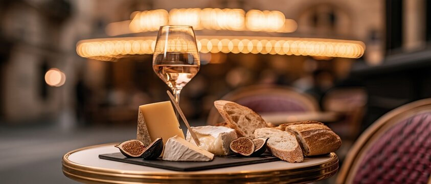 Elegant French Cheese Board with Ros&eacute; Wine and Crusty Bread on Parisian Cafe Table