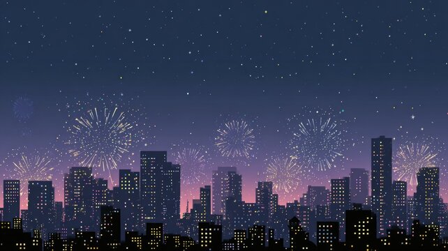 Urban night skyline with colorful fireworks display and starry sky
