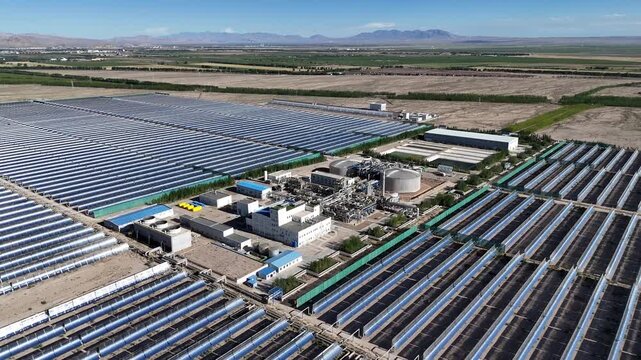 Aerial view of parabolic trough CSP power plant