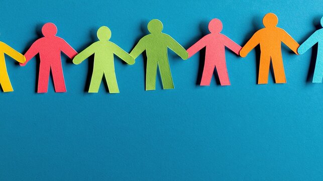 Colorful paper chain people holding hands in a line against a blue background, symbolizing unity and diversity