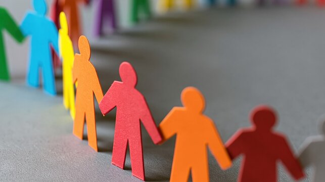 Diverse group of colorful paper chain people holding hands in unity, representing community and connection