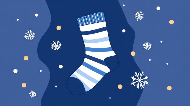 Festive winter sock on blue background with snowflakes and dots