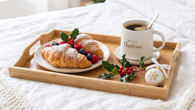 Christmas breakfast tray with coffee and croissants on cozy bed. festive holiday morning at home with delicious pastries, berries, and decorative elements.