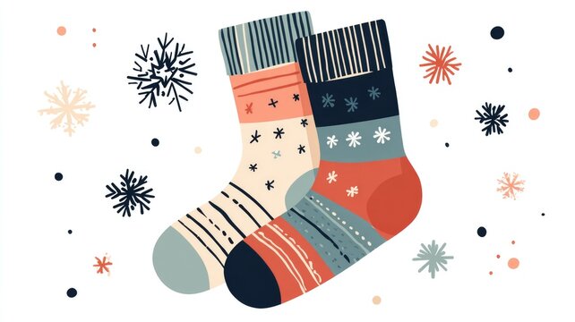 Colorful knitted winter socks with snowflakes and stars on white background
