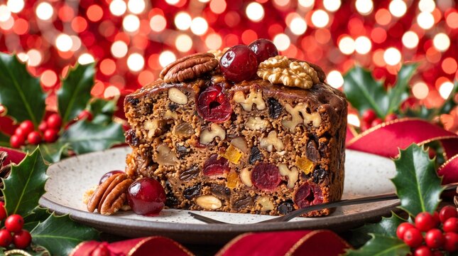 Traditional christmas fruitcake topped with pecans and cherries on a festive plate. concept of holiday dessert, festive cake, christmas celebration.