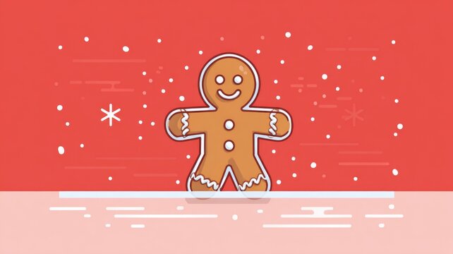 Smiling gingerbread man on red background with snowflakes for festive cheer
