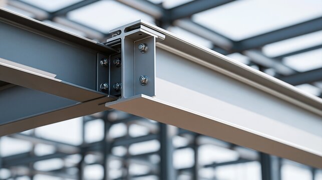 Close-up view of modern steel beam construction, showcasing industrial building structure and engineering