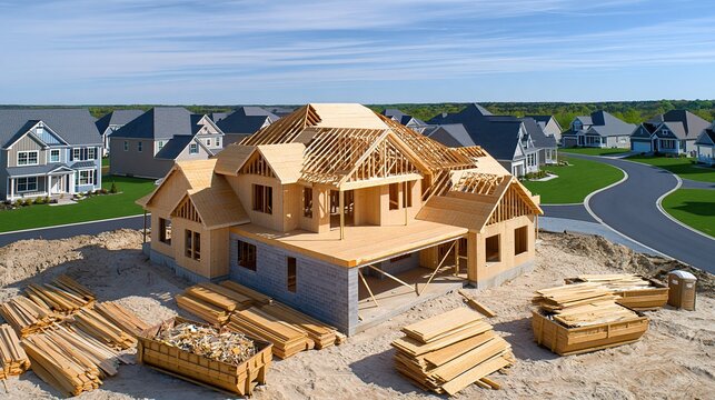 Aerial view of a large residential house under construction with timber framing, surrounded by new neighborhood development