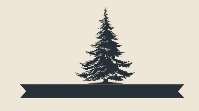 Silhouette of evergreen pine tree with banner on neutral background