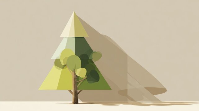 Minimalistic geometric tree art with shadows in soft pastel tones