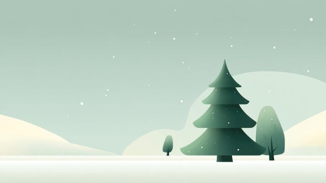 Minimalist winter wonderland landscape with snow and evergreen trees