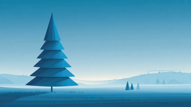 Minimalist blue winter landscape with stylized pine trees at dawn
