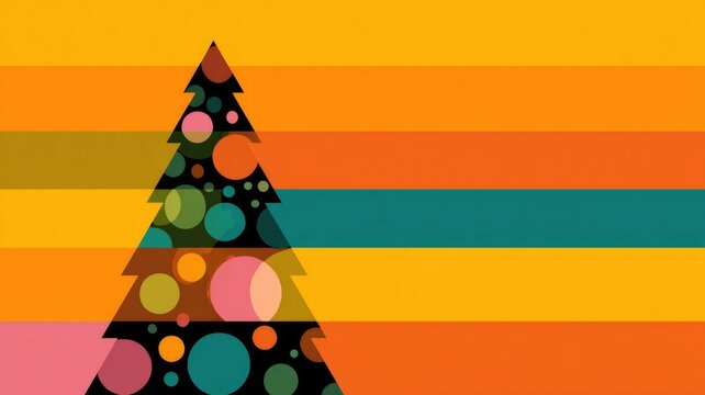 Abstract christmas tree with geometric circles on vibrant striped background