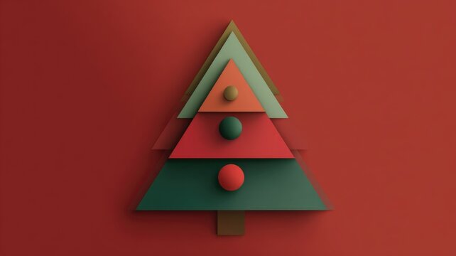 Minimalist geometric christmas tree with festive layers on red background