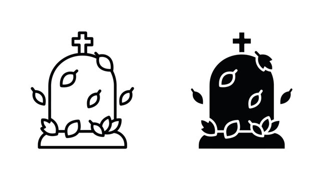 Two icons representing a tombstone with a cross and leaves, one in outline and one in solid black.