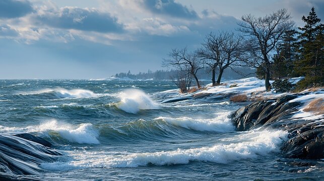 Dramatic Winter Waves Crashing on a Rocky Shoreline with Snow and Bare Trees Under a Cloudy Sky