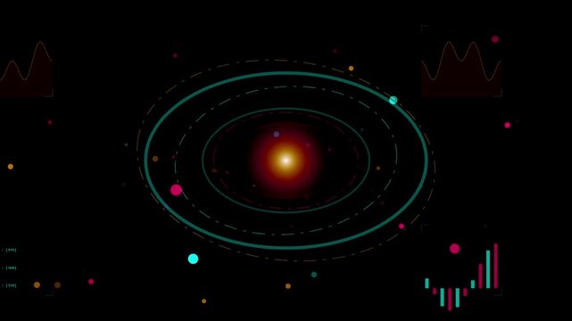 Futuristic solar system HUD interface, digital astronomical data visualization with orbiting planets, scientific space exploration infographic