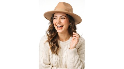 Fototapeta premium Happy Young Woman Laughing Joyfully in Cozy White Cable Knit Sweater and Beige Fedora Hat Isolated on White Background for Autumn Winter Fashion and Lifestyle