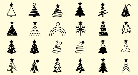 Fototapeta premium Collection of various christmas tree icons, set of minimalist holiday tree symbols for seasonal design, greeting cards, and festive graphics