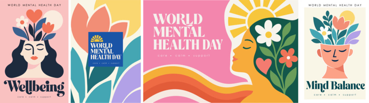 World Mental Health Day vector abstract poster collection with woman, flowers, hearts, sun and botanical elements.Wellness design and a greeting card for psychology, awareness, self care and emotional