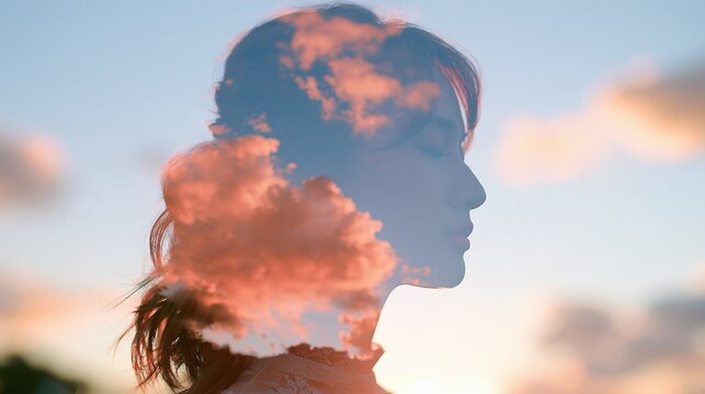 Double exposure silhouette of a woman's profile overlaid with a vibrant sunset sky and clouds