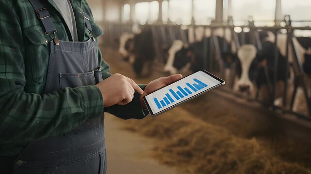 A farmer in overalls uses a digital tablet to manage livestock health and production in a modern dairy farm.