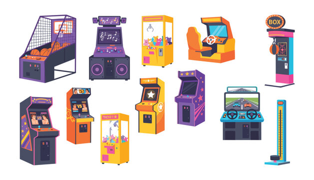  Retro arcade game machine vector set with vintage gaming cabinets claw cranes basketball and racing simulators on white background