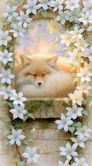 Fototapeta premium Dreamy Fox Sleeping Serenely Amidst Blooming White Flowers and Soft Sunlight