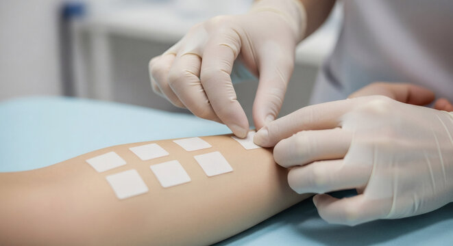 Allergy patch test performed by a medical professional on a patient arm using sterile gloves in a clinical setting