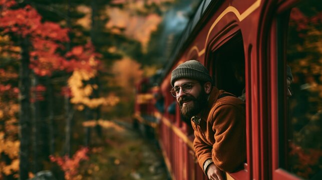 a beard and glasses leans out of a red train window. He wears a brown sweater and a gray beanie. The background is a forest of trees with vibrant red and orange leaves, indicating autumn.