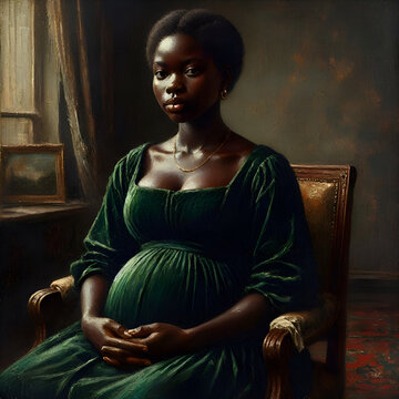 Classic oil painting portrait of pregnant Black woman in green velvet dress sitting in chair. Regal pregnant Black woman in dark green gown seated in historic interior