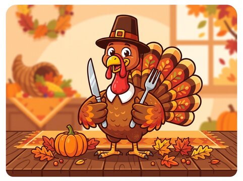 Thanksgiving turkey holding knife and fork