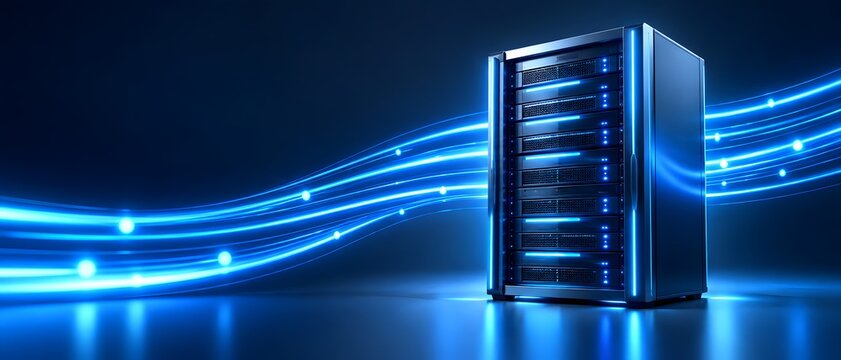 Blue server rack with flowing light trails on a reflective surface. Concept of modern cloud computing and artificial intelligence infrastructure.