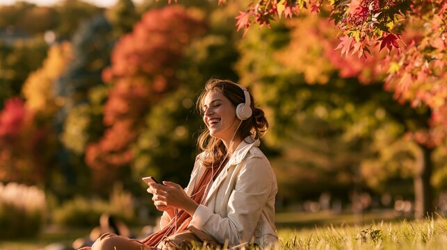 a woman seated on grass in a park during autumn. She wears a white jacket and a red scarf, and white headphones are on her head, indicating she is listening to music on her smartphone.