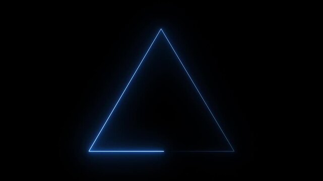 Glowing blue color neon line triangle icon animation on black background.4k video