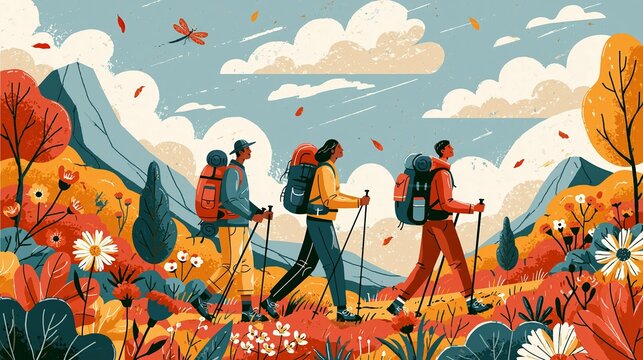 a mountainous landscape. The style is whimsical and cartoonish, with bright colors and bold outlines. The hikers wear backpacks and trekking poles, indicating they are on a journey.