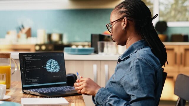 Generative artificial intelligence used by self-employed worker telecommuting, focused on analytics and task management on laptop. Deep learning systems and autonomous data processing.