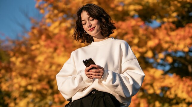a woman standing outdoors during autumn. She wears a white, oversized sweater and a black skirt. She holds a smartphone in her hands and appears to be engrossed in texting or browsing.