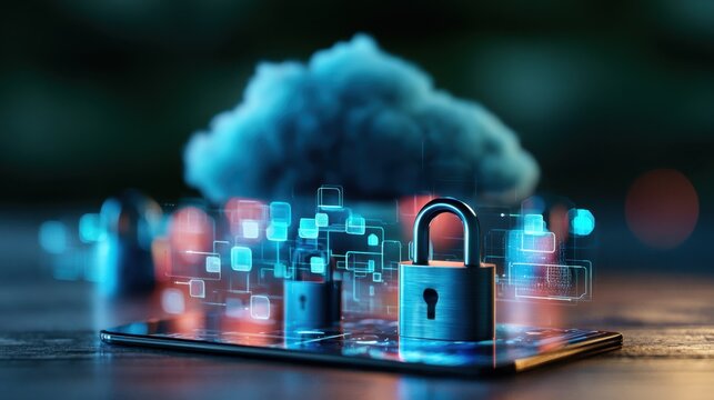 Digital security concept with locks and cloud computing in a modern technology environment representing data protection and privacy solutions