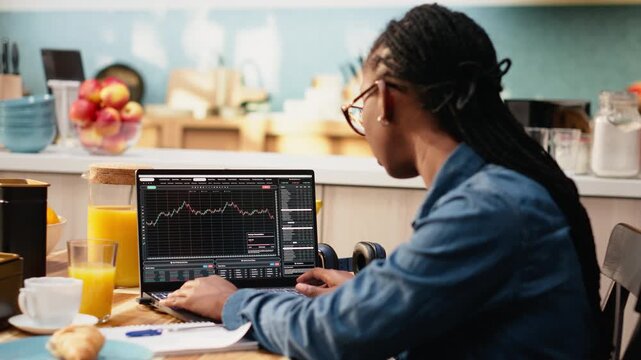 Woman investor monitors day trading price fluctuations and market trends on candlestick charts, using laptop to research capital investments and stock exchange. Financial analysis supports profit.