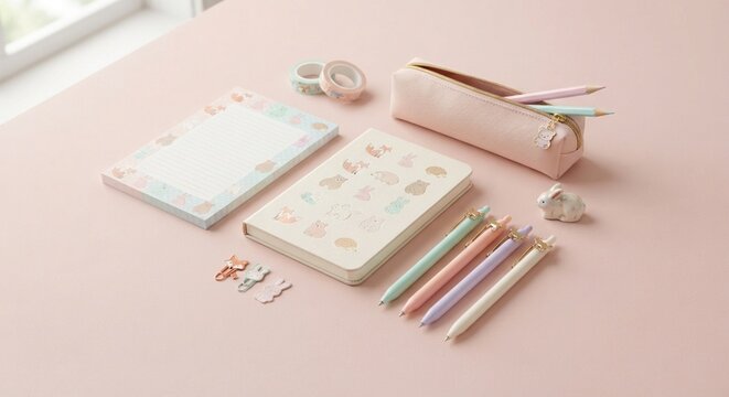 Stationery Set with Cute Pastel Animal Designs for Creative Workspace
