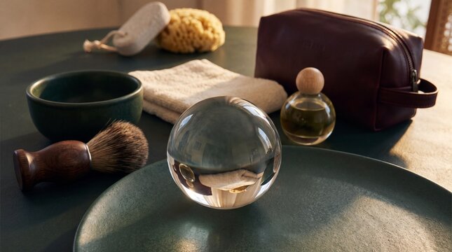mens health awareness, a serene arrangement of mens wellness items on a rich dark jade surface