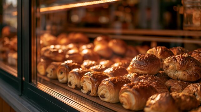 a bakery counter displays a collection of freshly baked croissants. The warm, goldenbrown baked goods are arranged neatly on a wooden surface. The background is blurred.