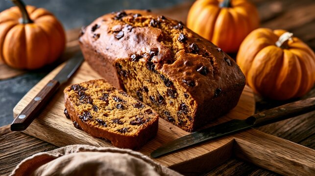 a freshly baked loaf of pumpkin bread with chocolate chips sprinkled on top. The bread sits on a wooden cutting board, with a knife beside it. Three small, orange pumpkins are in the background.