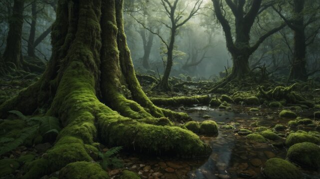 Enchanting ancient forest at twilight with towering trees, bioluminescent plants, floating light particles, and a narrow winding stream reflecting the environment.