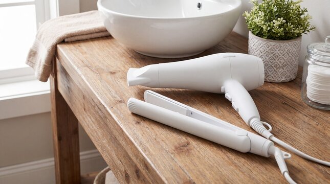 Hair dryer and flat iron rest on a bathroom vanity. A basin, towel, plant, and cotton jar frame the grooming space. Beauty care still life for home lifestyle content.