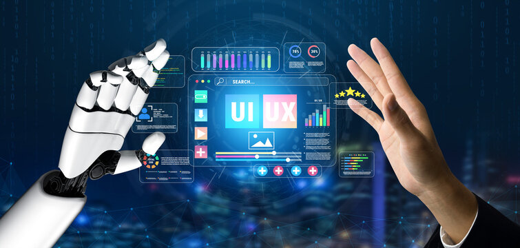 Futuristic Interaction Between Human Hand and Robotic Hand with User Interface Elements Representing Technology and Innovation in Digital Space Quark.